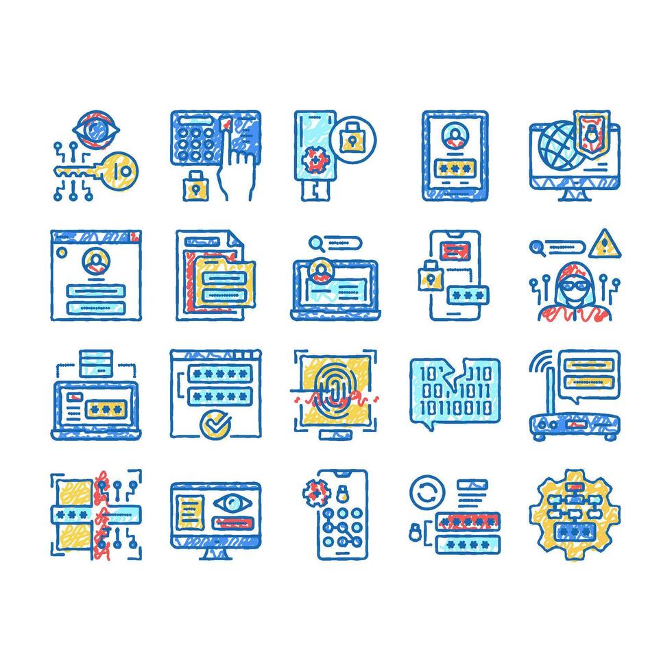 Password Protection set Icons hand drawn Illustration vector