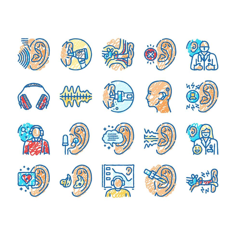 audiologist doctor ear deaf icons hand drawn vector