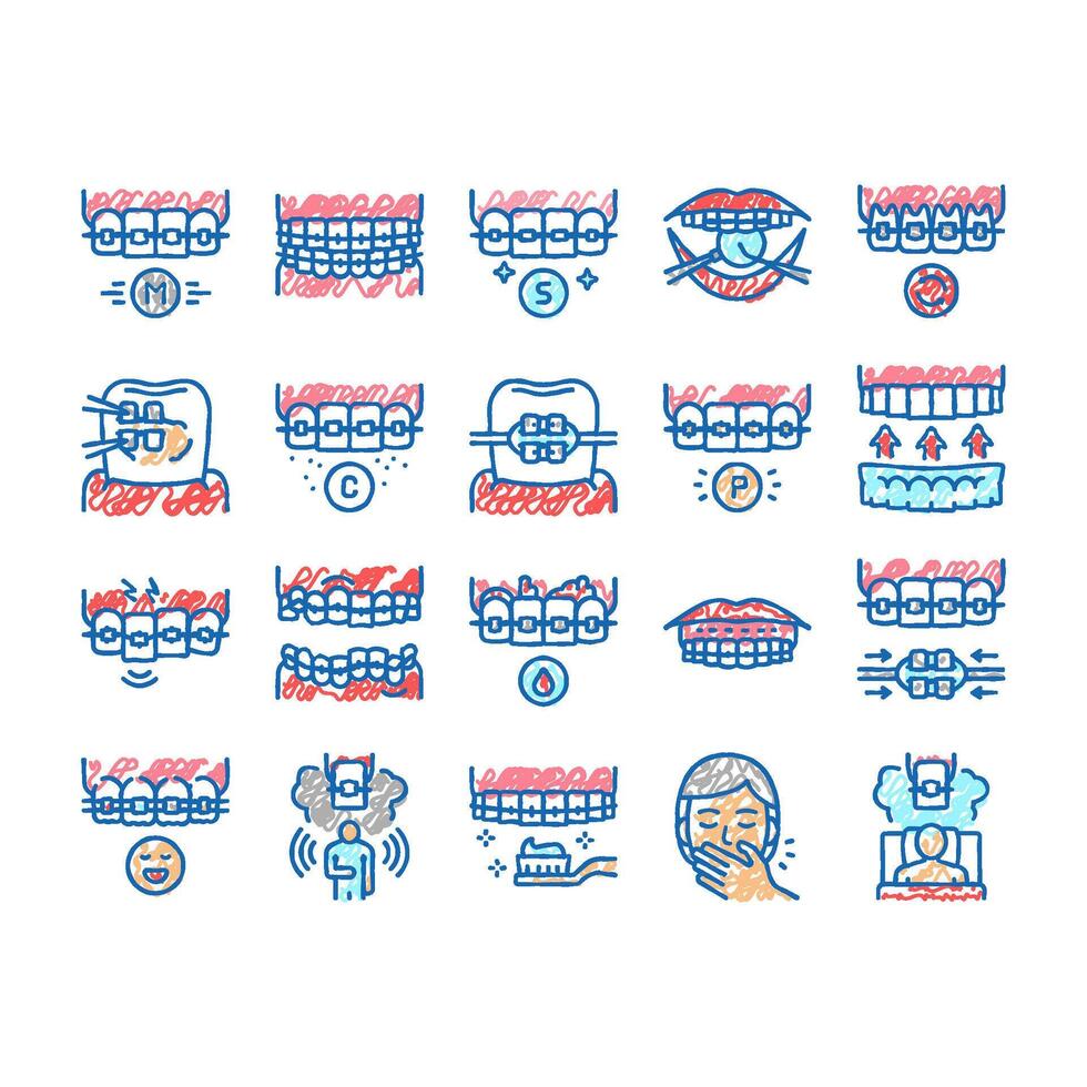 Tooth Braces Accessory set Icons hand drawn vector