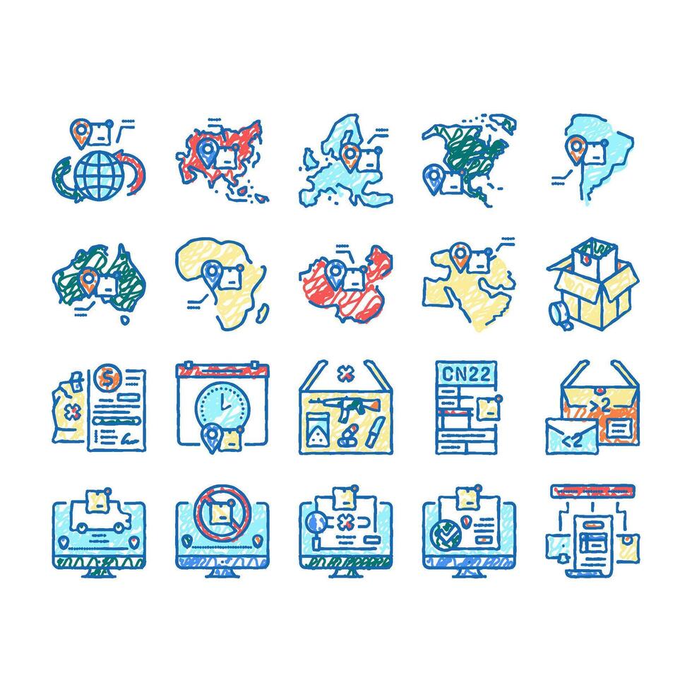 Shipment Tracking International Icons hand drawn vector