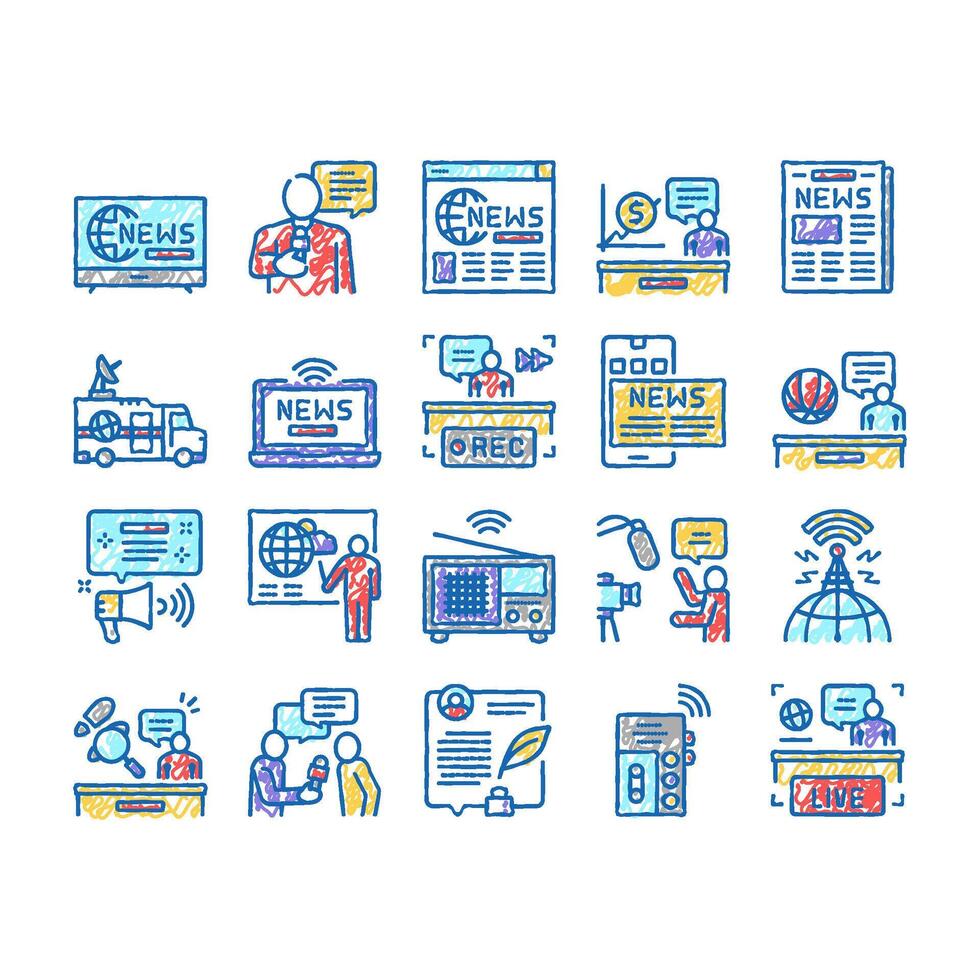 News Broadcasting set Icons hand drawn vector