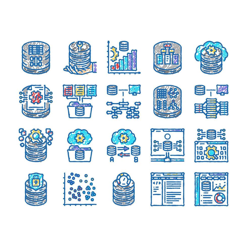 database administrator server icons hand drawn vector