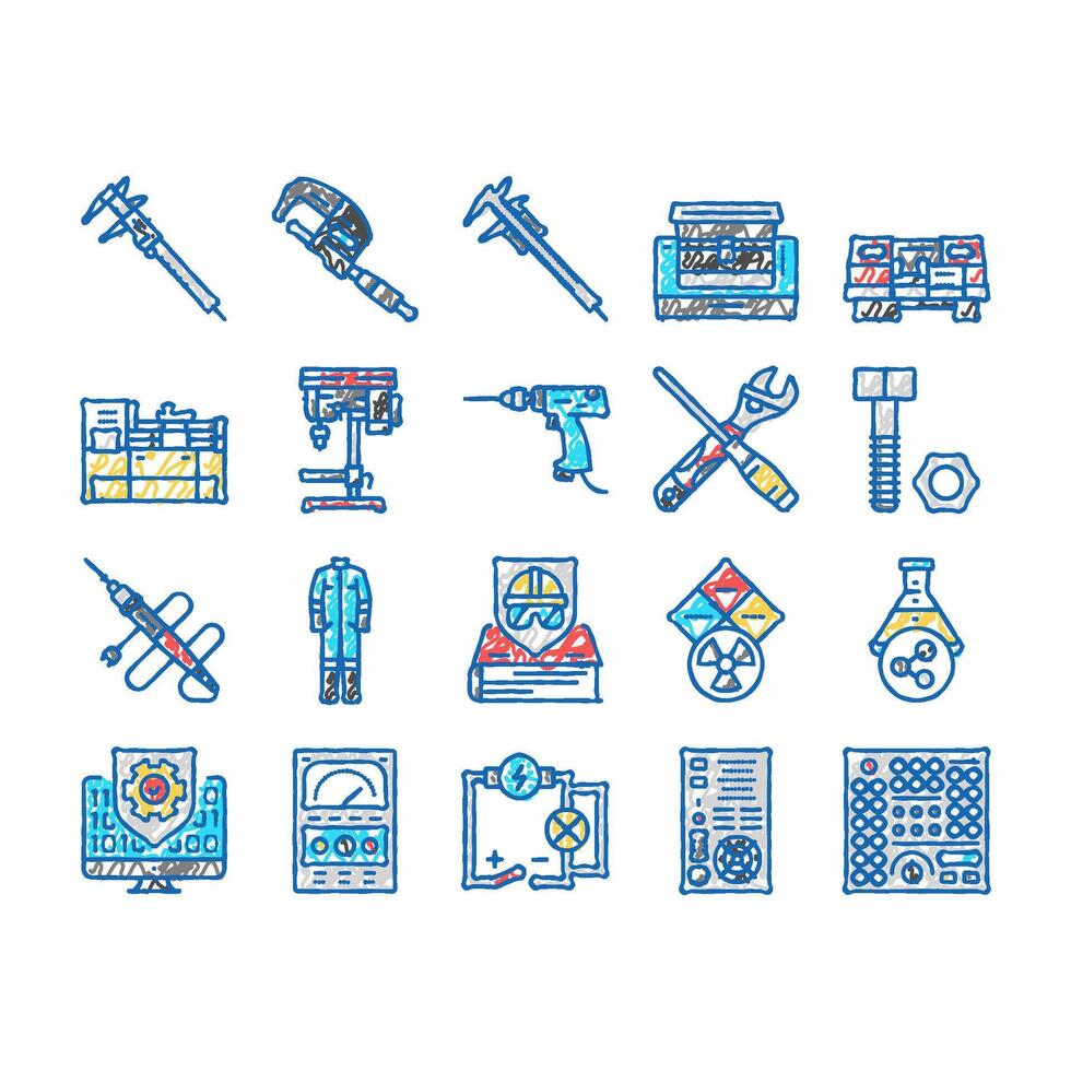 engineering tool work wrench icons hand drawn vector