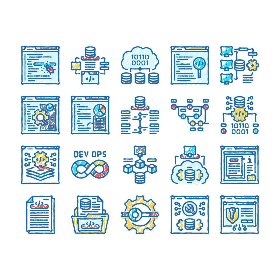 software engineer computer code icons hand drawn vector