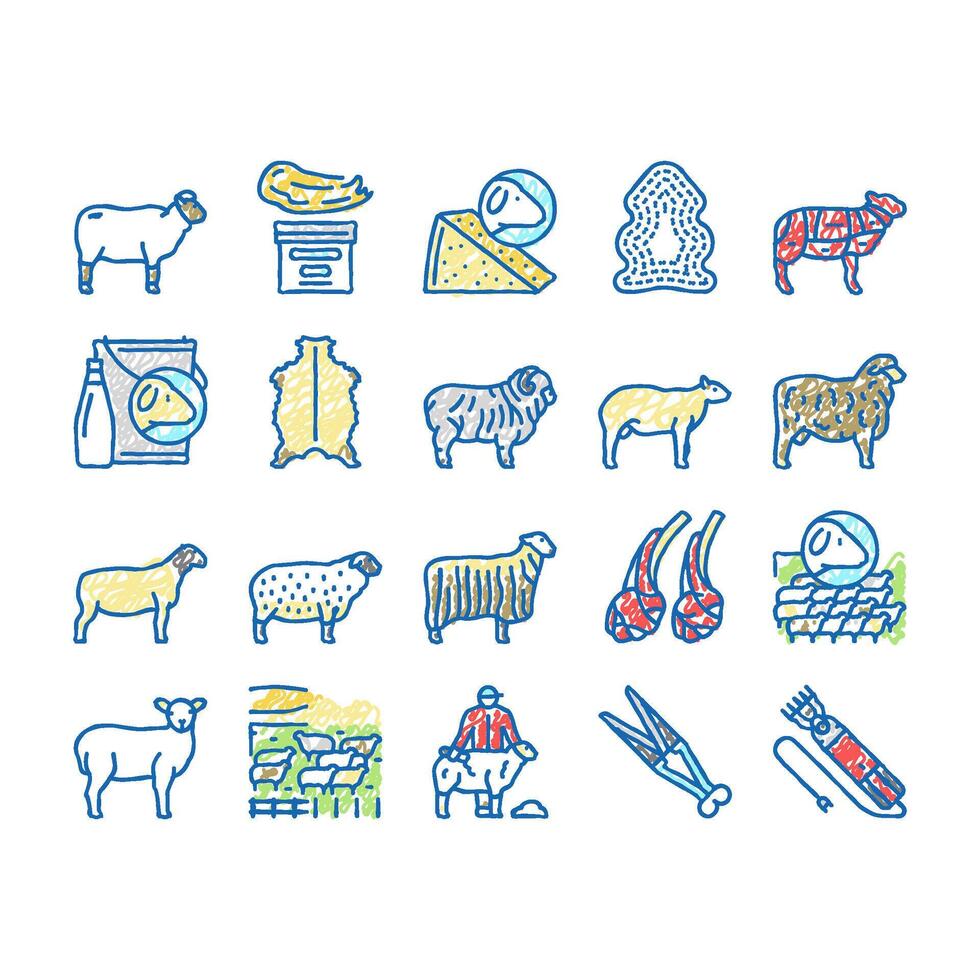 Sheep Breeding Farm Business Icons hand drawn vector