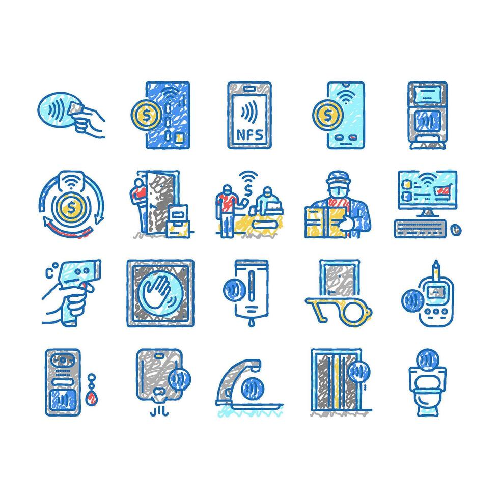 Contactless System Technology Icons hand drawn vector