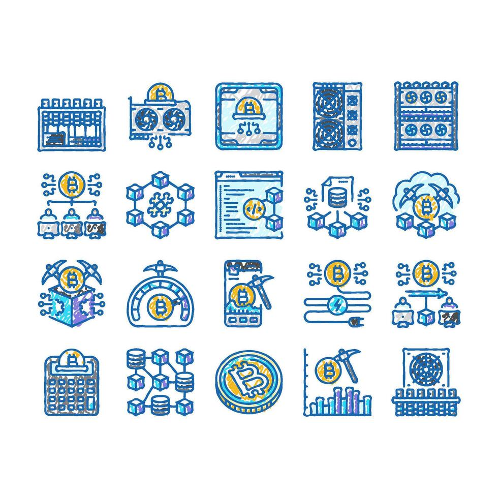 cryptocurrency mining blockchain icons hand drawn vector