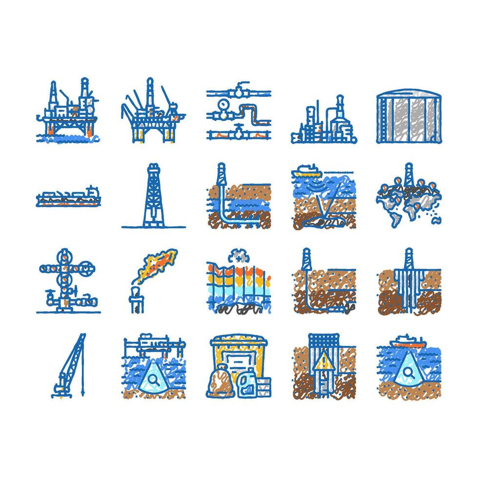 petroleum engineer oil industry icons hand drawn vector