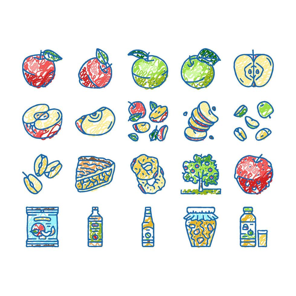 apple fruit red green leaf fresh icons hand drawn vector