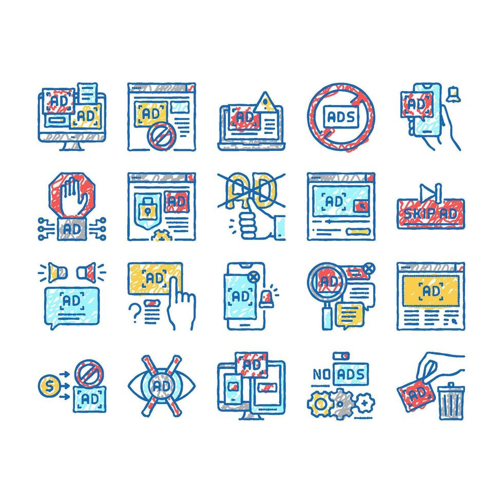 No Ads Advertise Free set Icons hand drawn vector