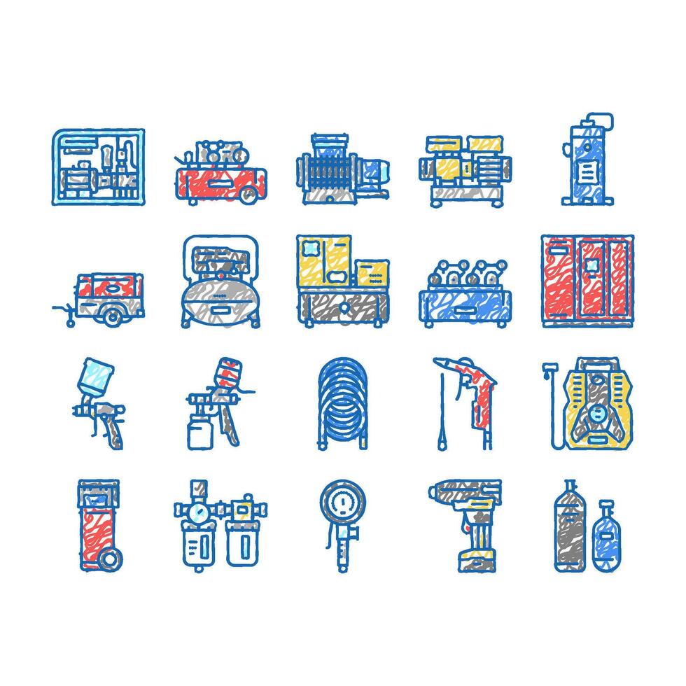 Air Compressor Tool set Icons hand drawn vector