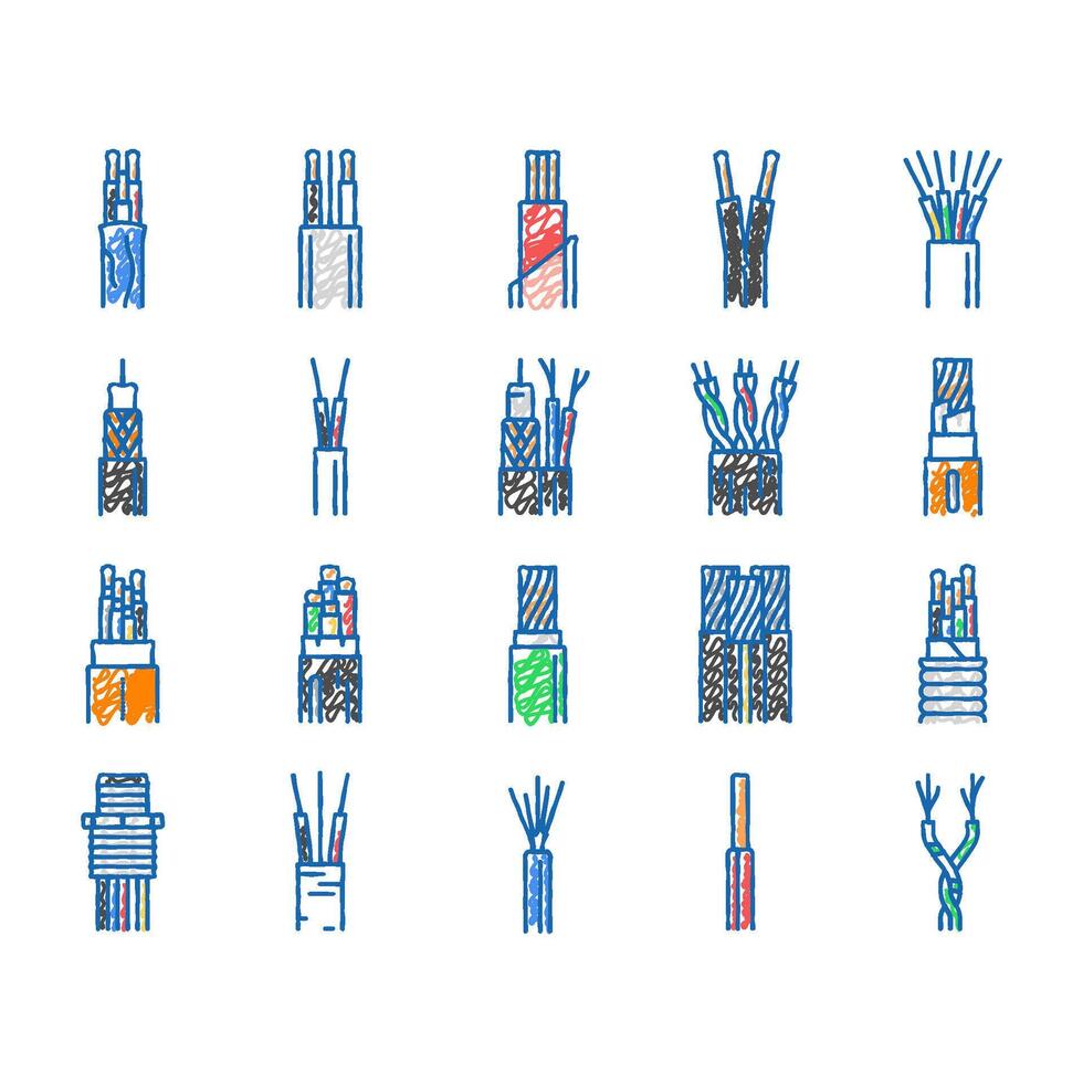 wire cable technology connection icons hand drawn vector