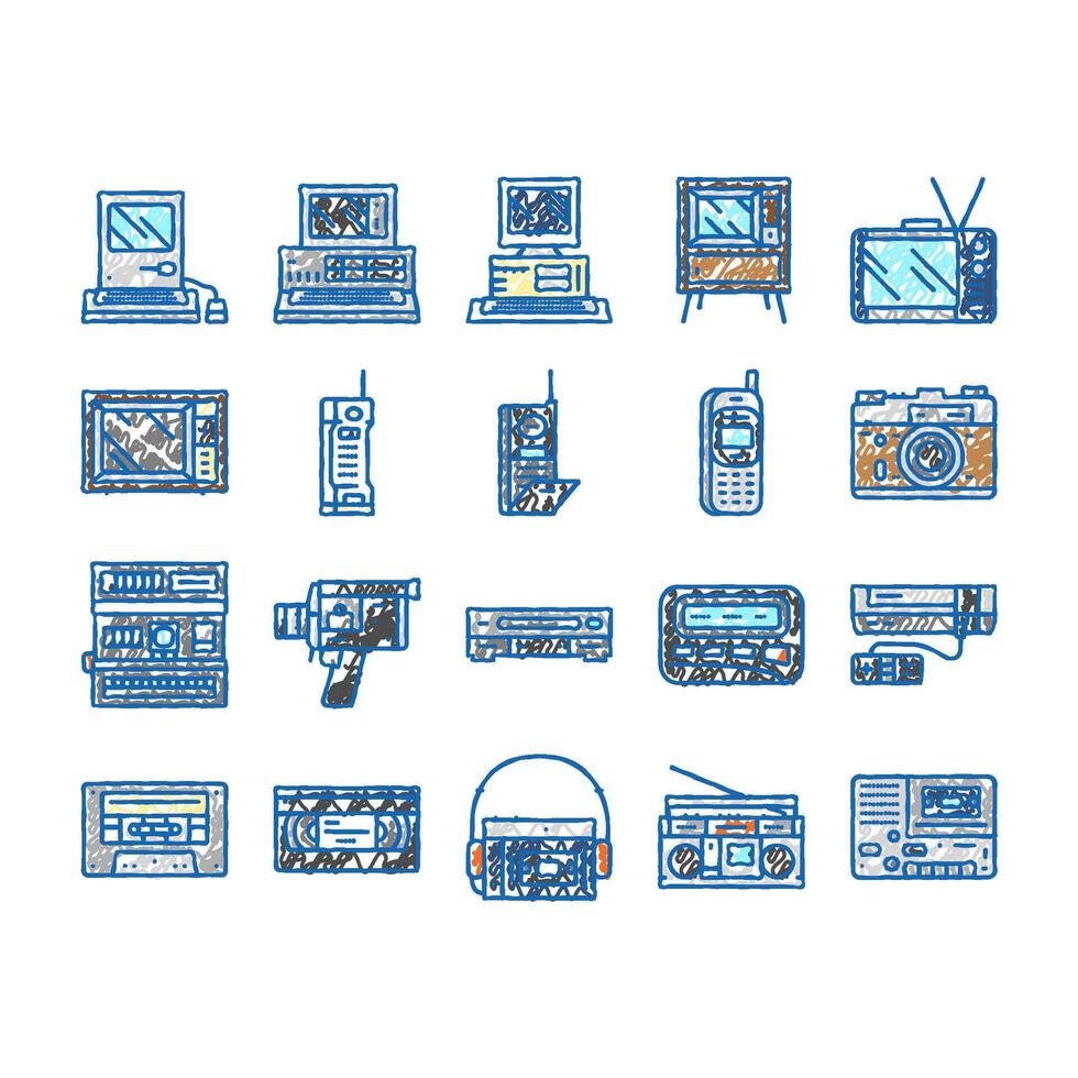 retro gadget technology device icons hand drawn vector