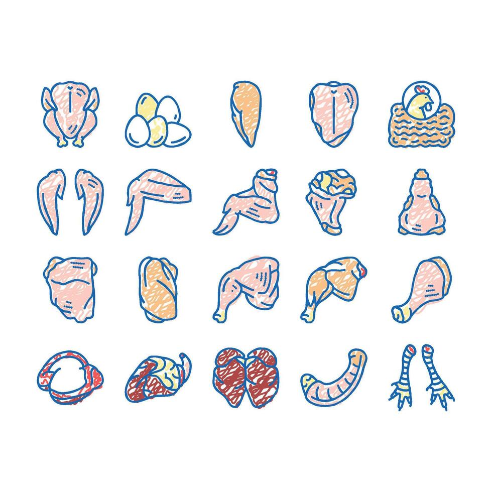Chicken Animal Farm Raw Meat Food Icons hand drawn vector