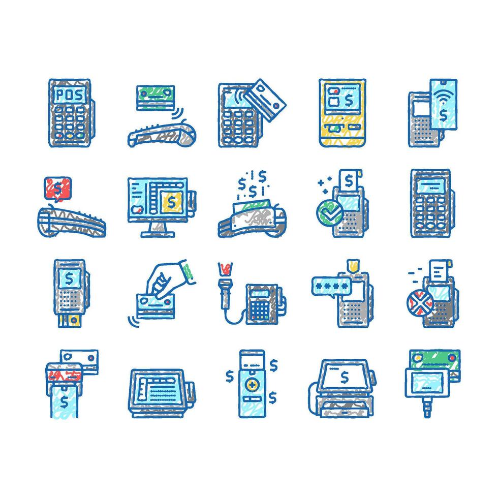 Pos Terminal Device set Icons hand drawn vector