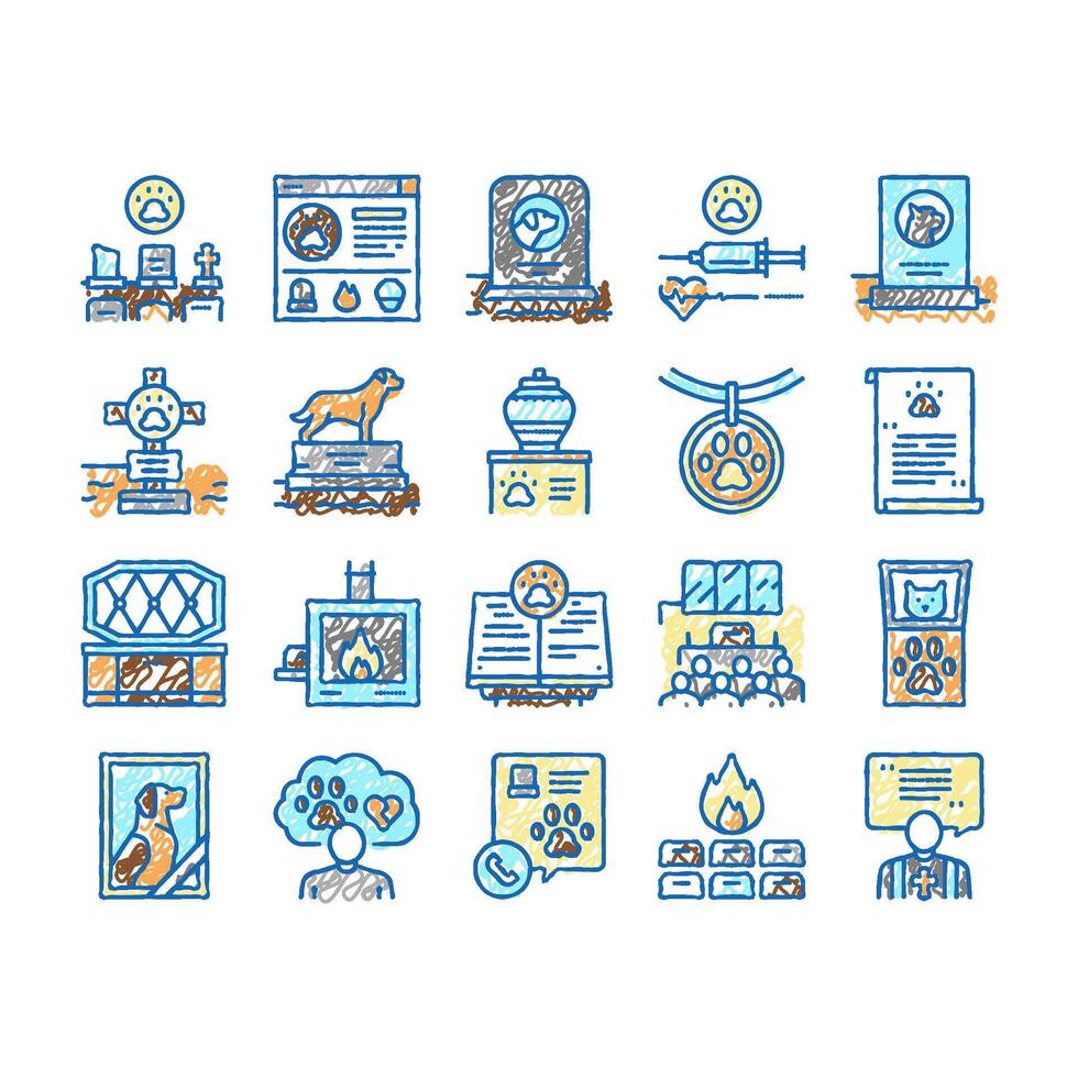 Pet Funeral Cemetery set Icons hand drawn vector
