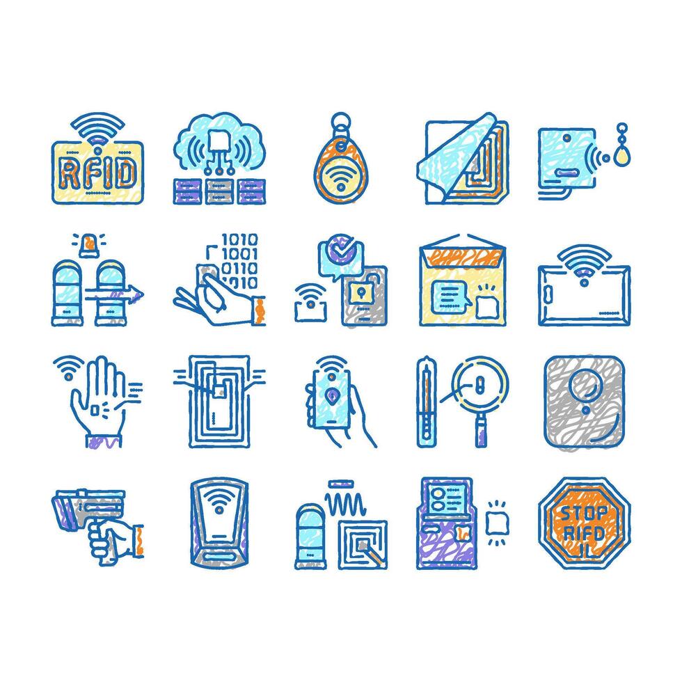 Rfid Chip Technology set Icons hand drawn vector