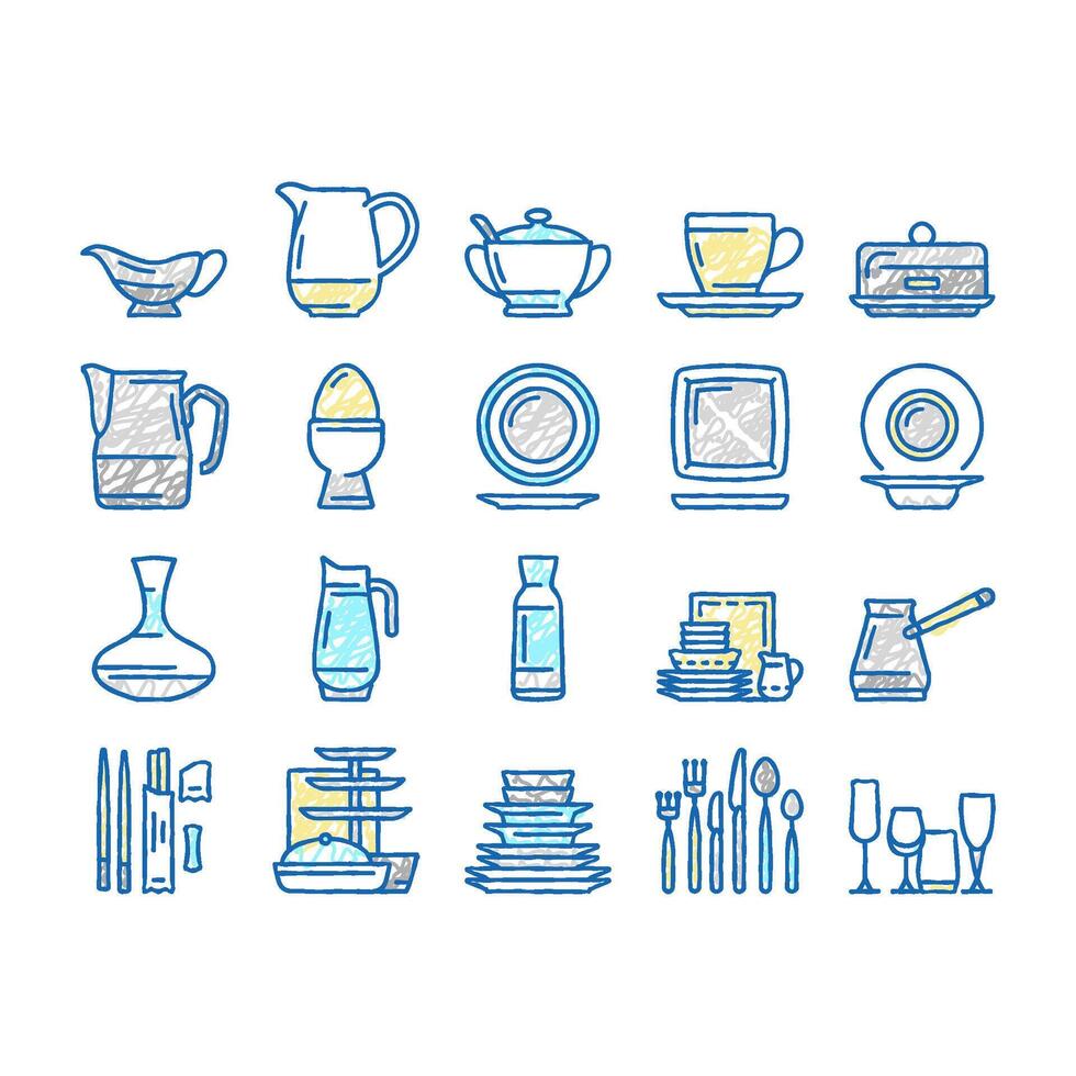 Tableware For Banquet Or Dinner Icons hand drawn vector