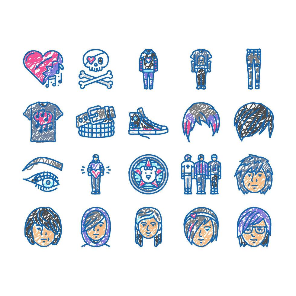emo punk rock tattoo cute icons hand drawn vector