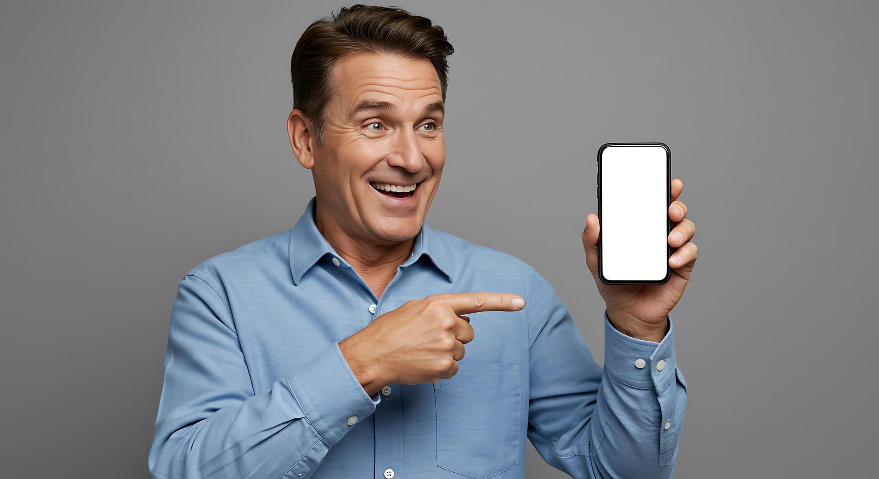 A man is holding up a phone with a blank screen photo