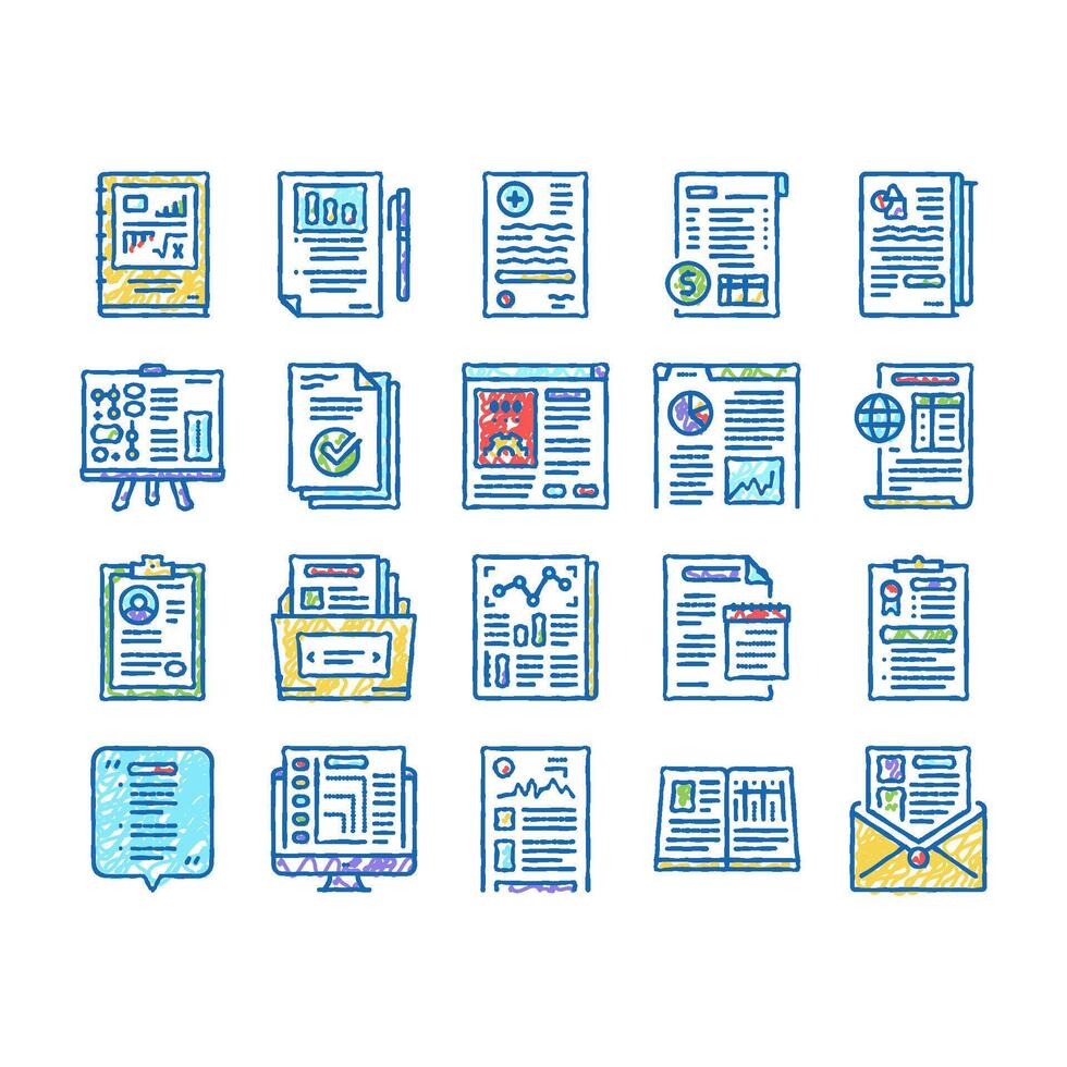 Reports Documentation set Icons hand drawn vector