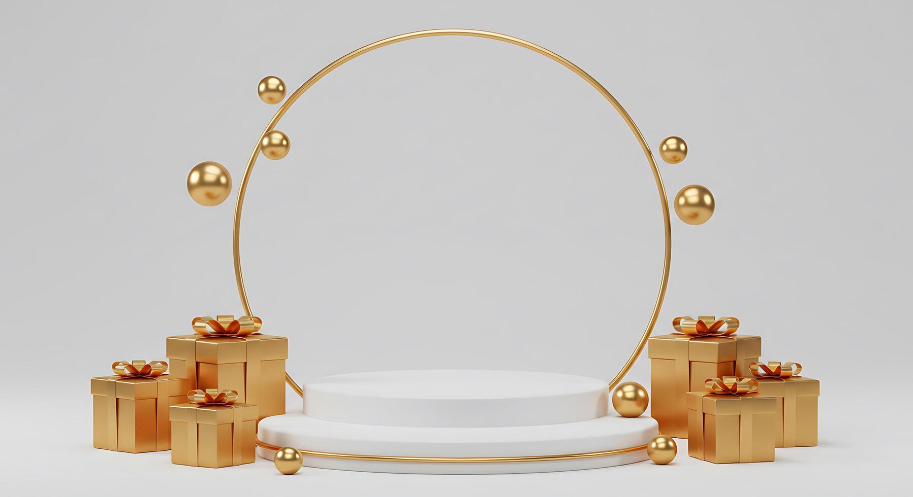 Golden gift boxes and a golden circle with a gift box photo