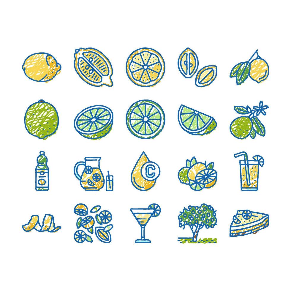Lemon And Lime Vitamin Citrus Icons hand drawn vector