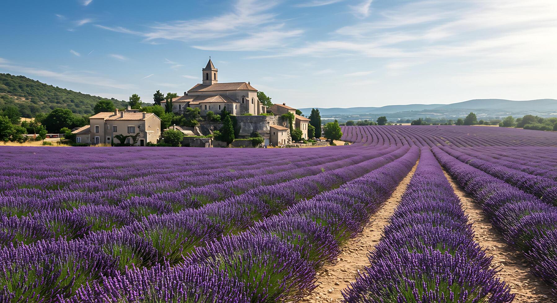 A field of lavender flowers with a church in the background photo