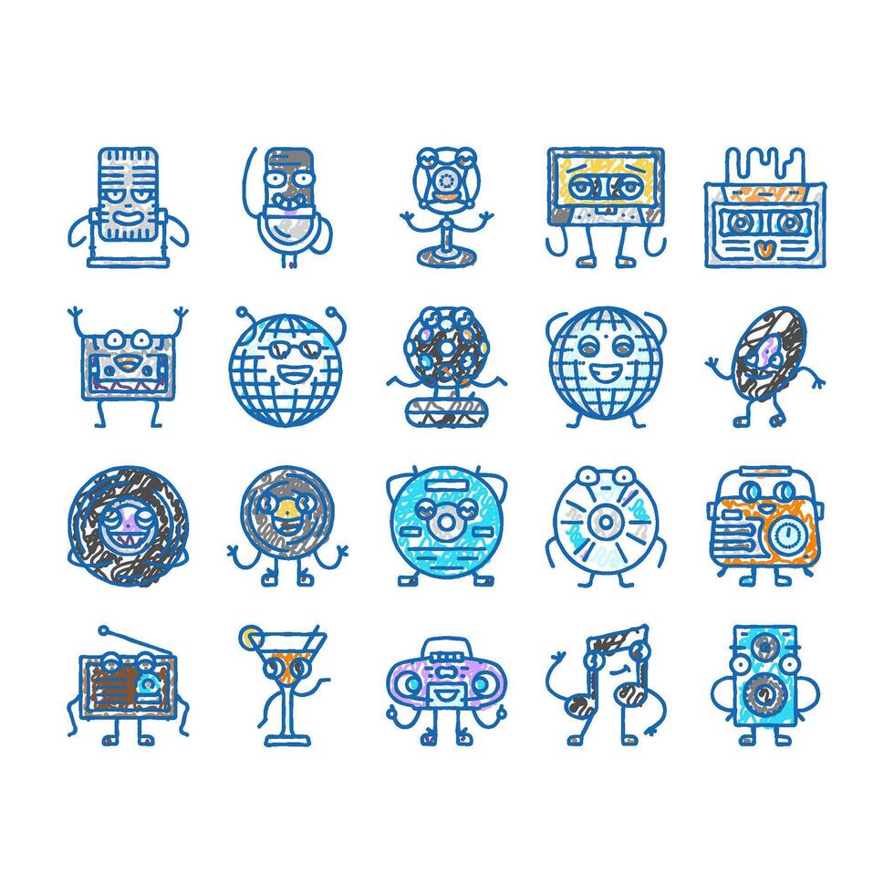 retro music character icons hand drawn vector