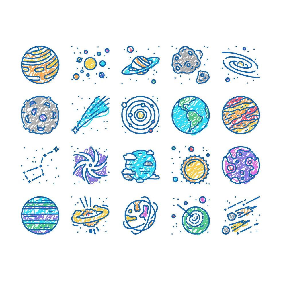Galaxy System Space set Icons hand drawn vector