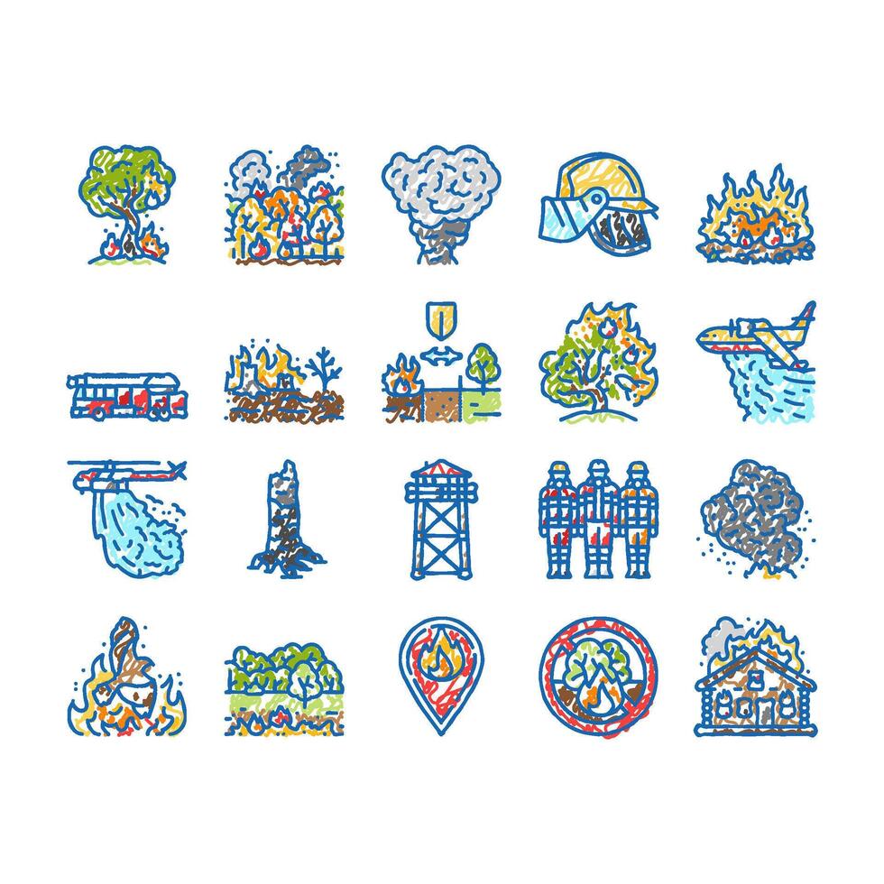 wildfire blaze firestorm burn icons hand drawn vector
