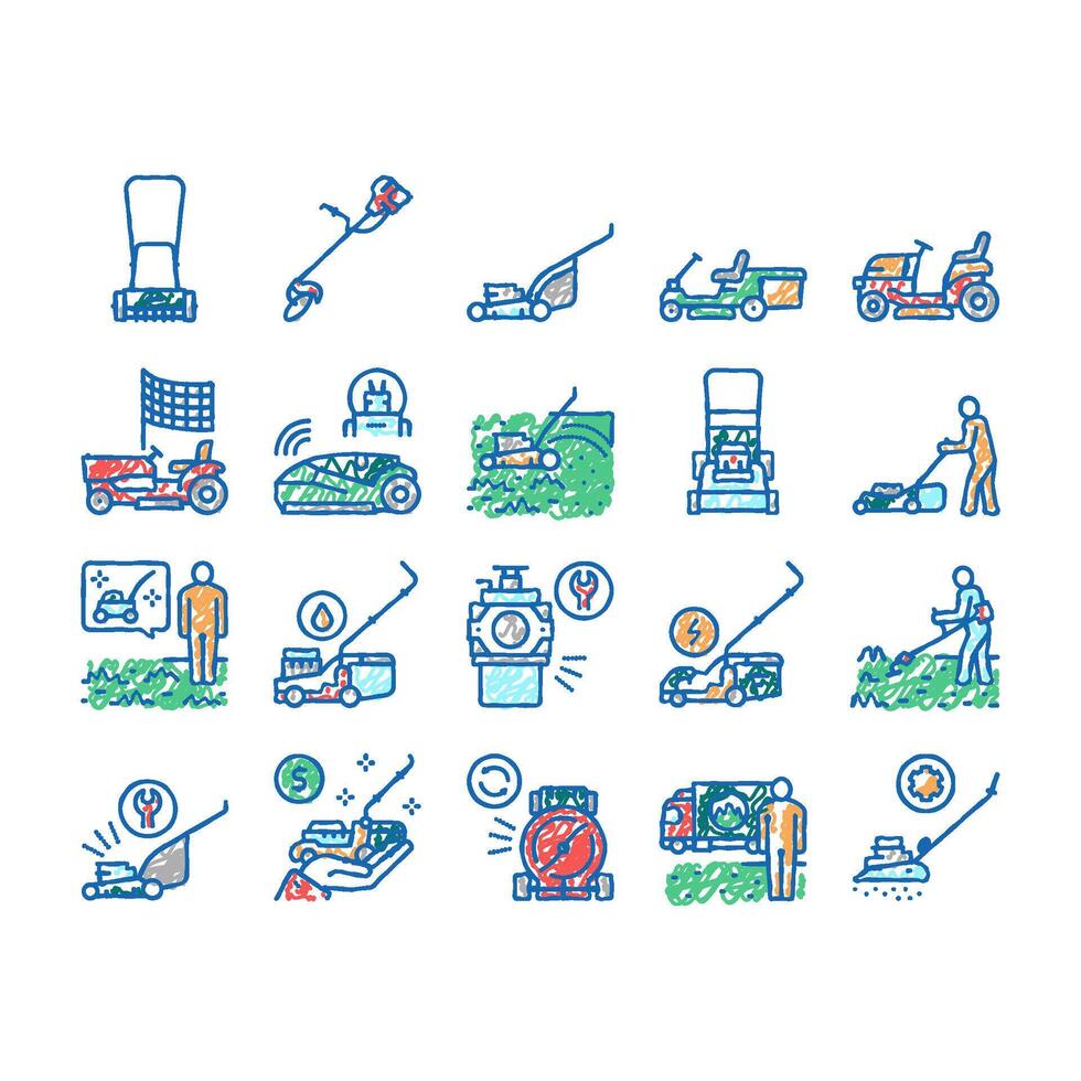 Lawn Mower Equipment set Icons hand drawn vector