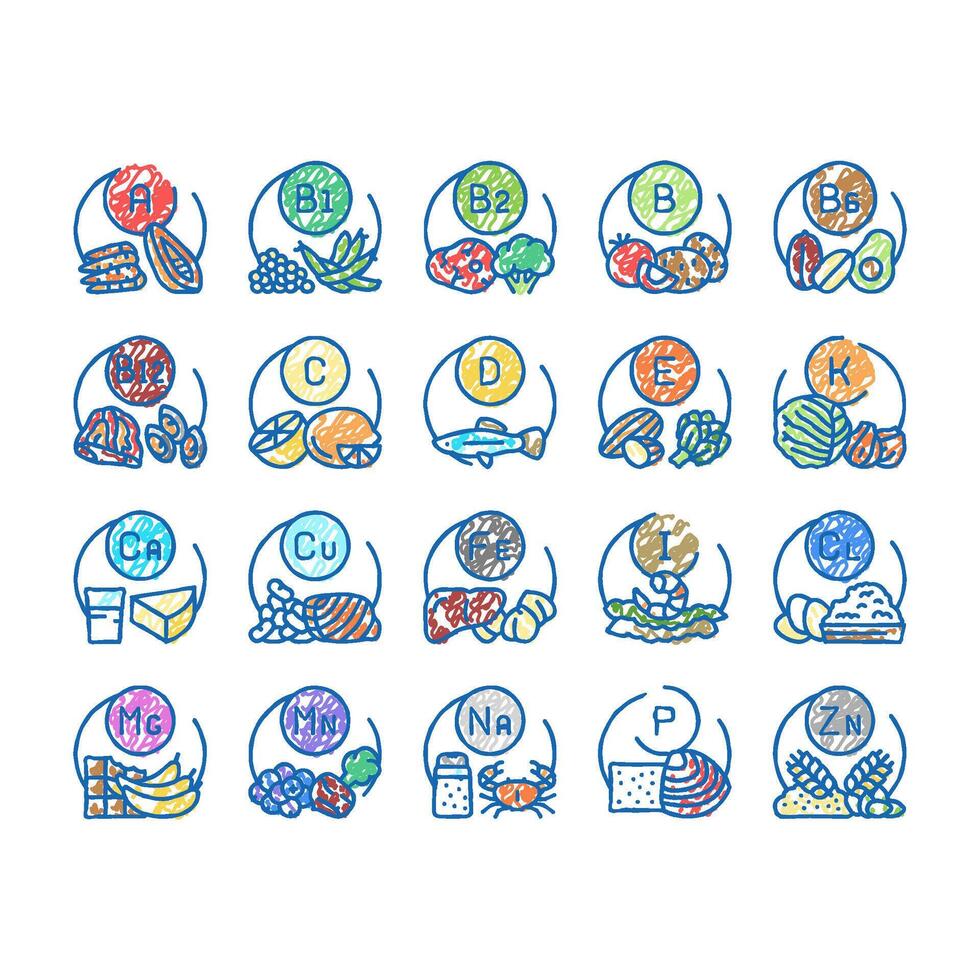 Vitamin Mineral Medical Complex Icons hand drawn vector