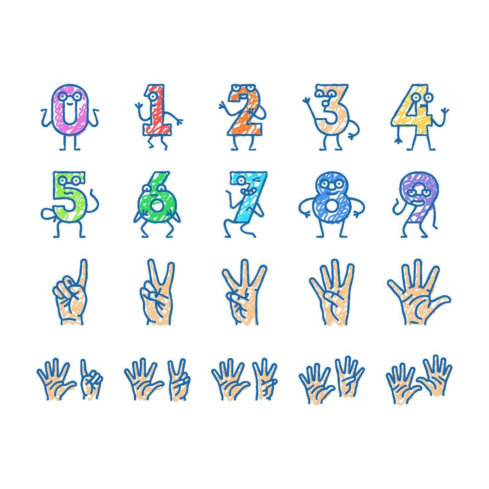 number character cute icons hand drawn vector