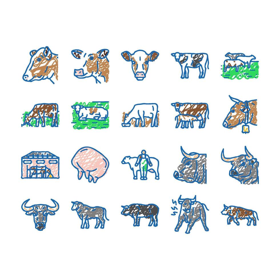 cow farm dairy cattle milk white icons hand drawn vector