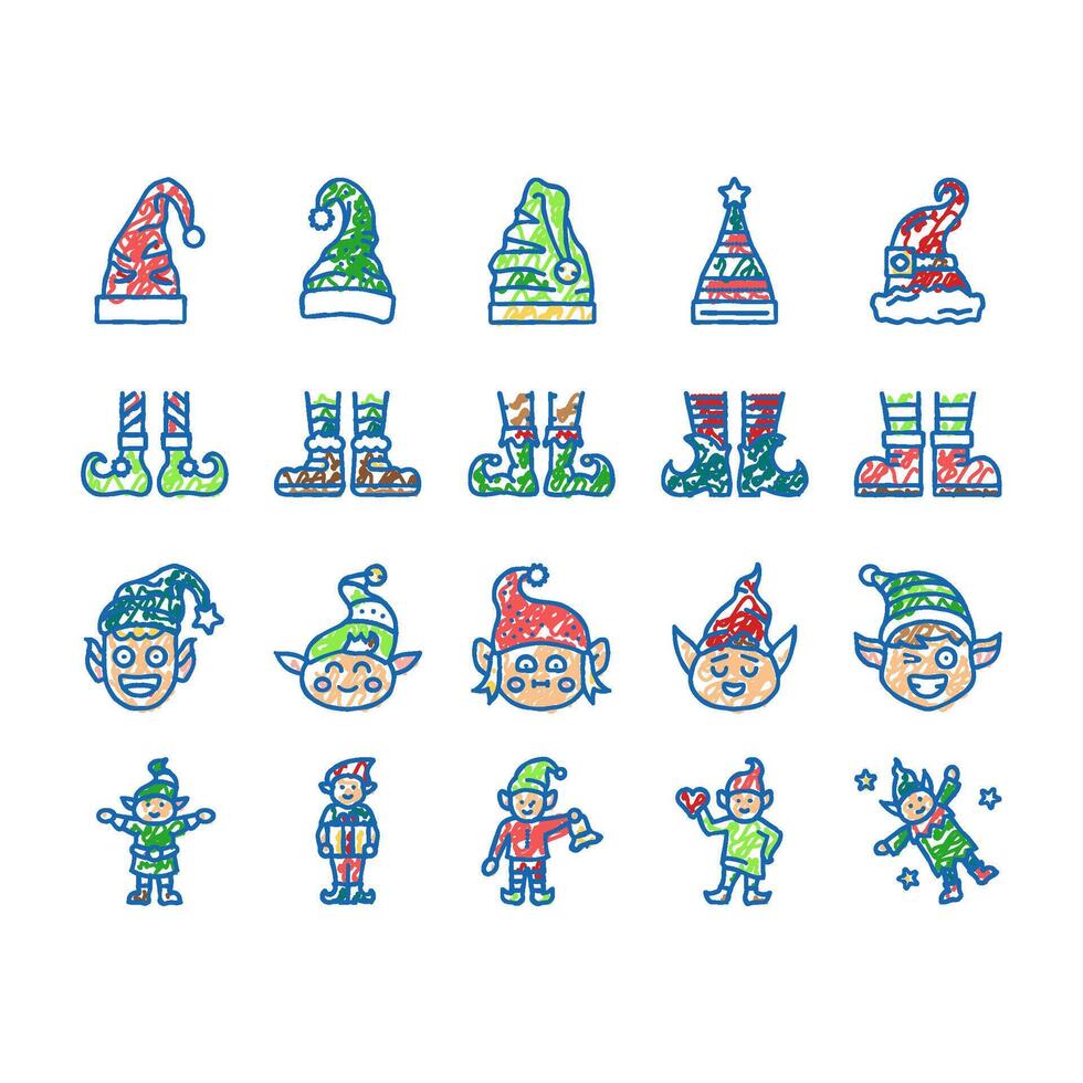 elf christmas cute character icons hand drawn vector