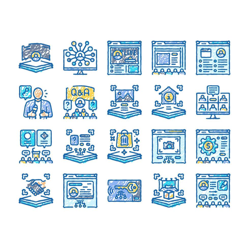 virtual conference event online icons hand drawn vector