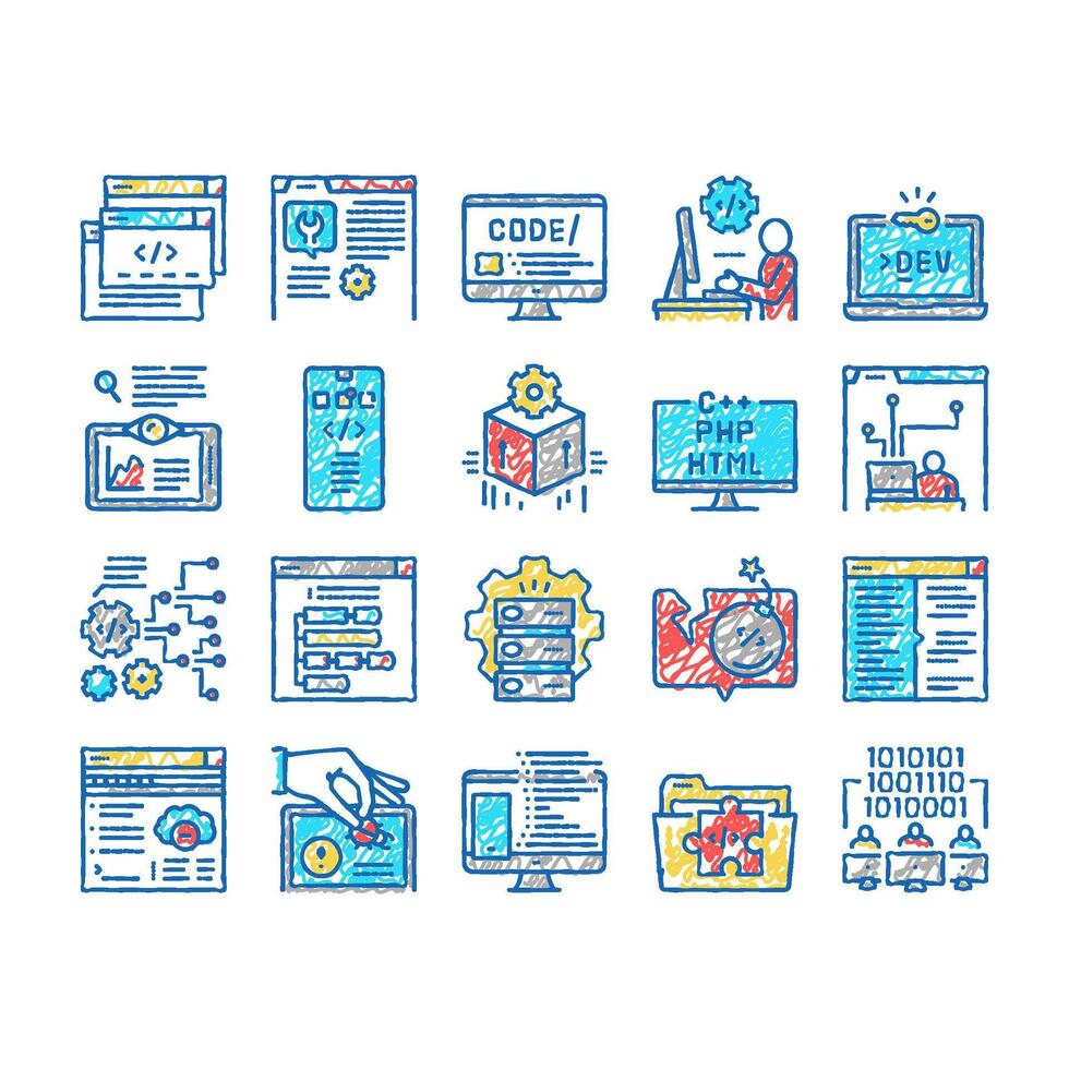Dev Code Occupation set Icons hand drawn vector