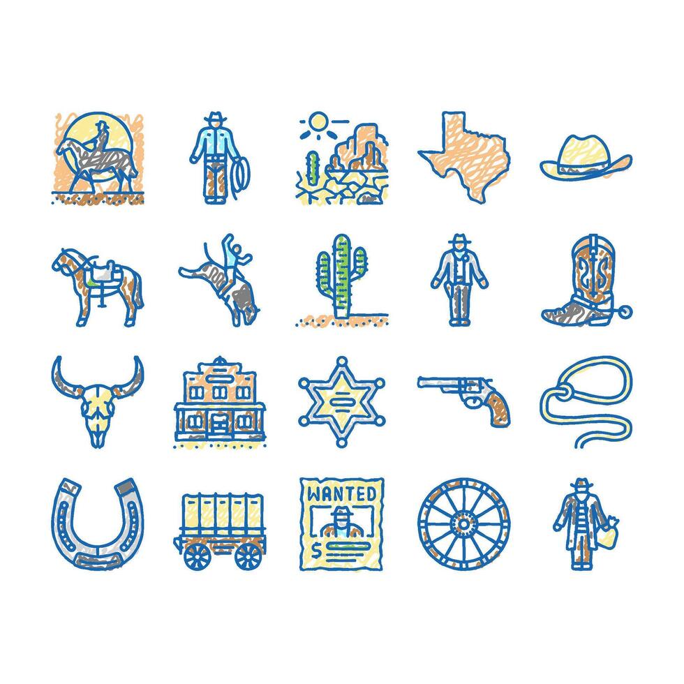 Western Cowboy And Sheriff Man Icons hand drawn vector