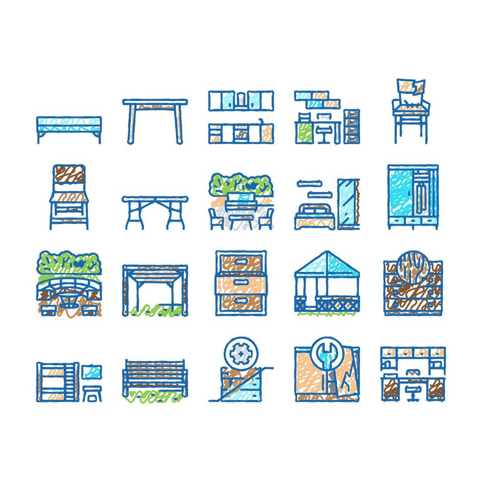 Furniture For Home And Backyard Icons hand drawn vector