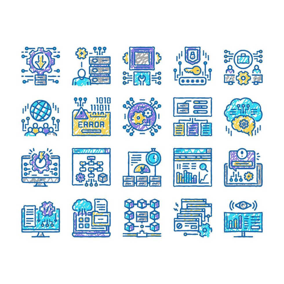 System Work Process set Icons hand drawn vector
