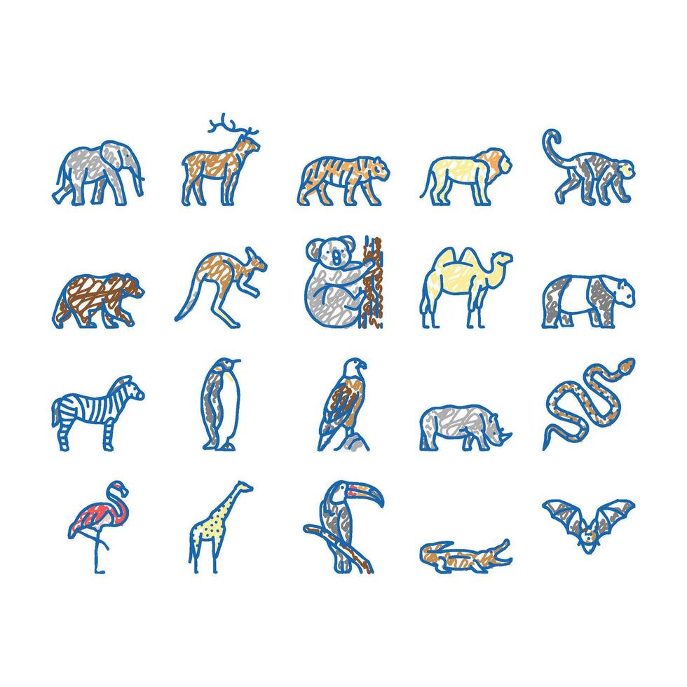 Zoo Animals, Birds And Snakes Icons hand drawn vector