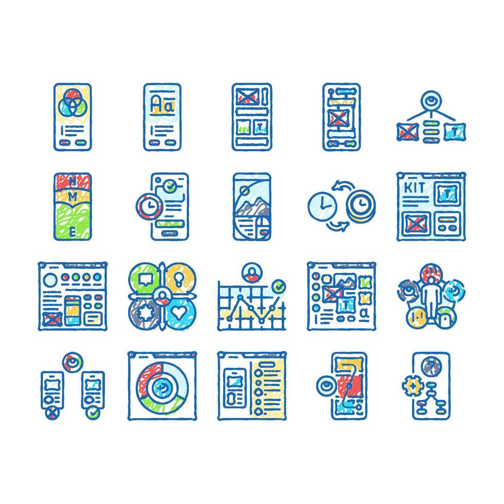 ui ux develop content research icons hand drawn vector
