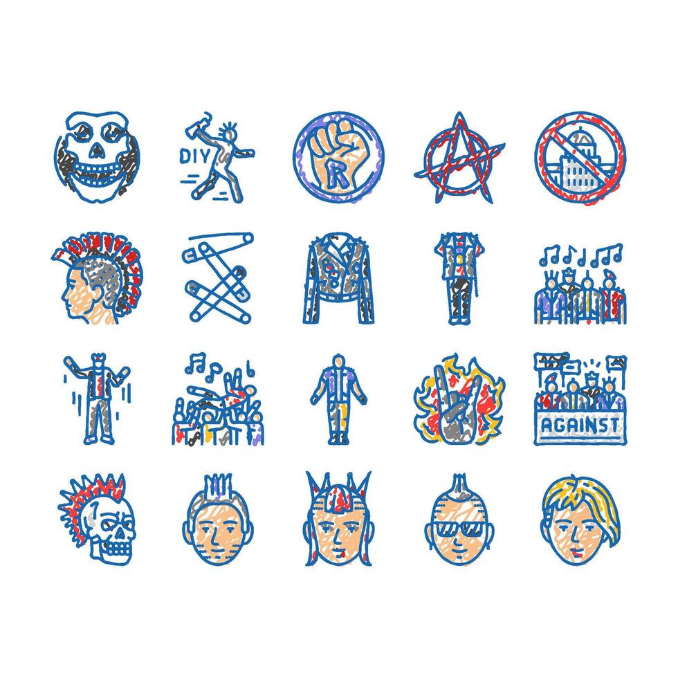 punk retro element hand art icons hand drawn vector