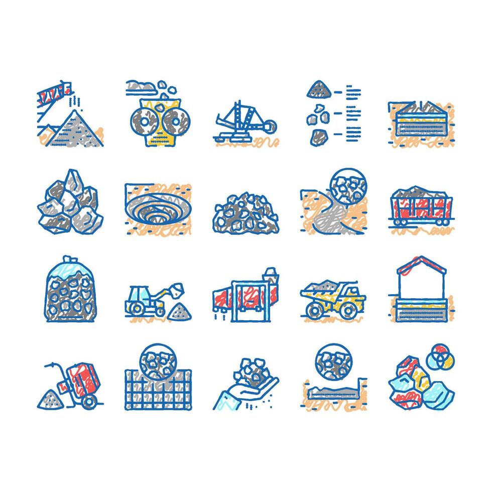 Crushed Stone Mining set Icons hand drawn vector