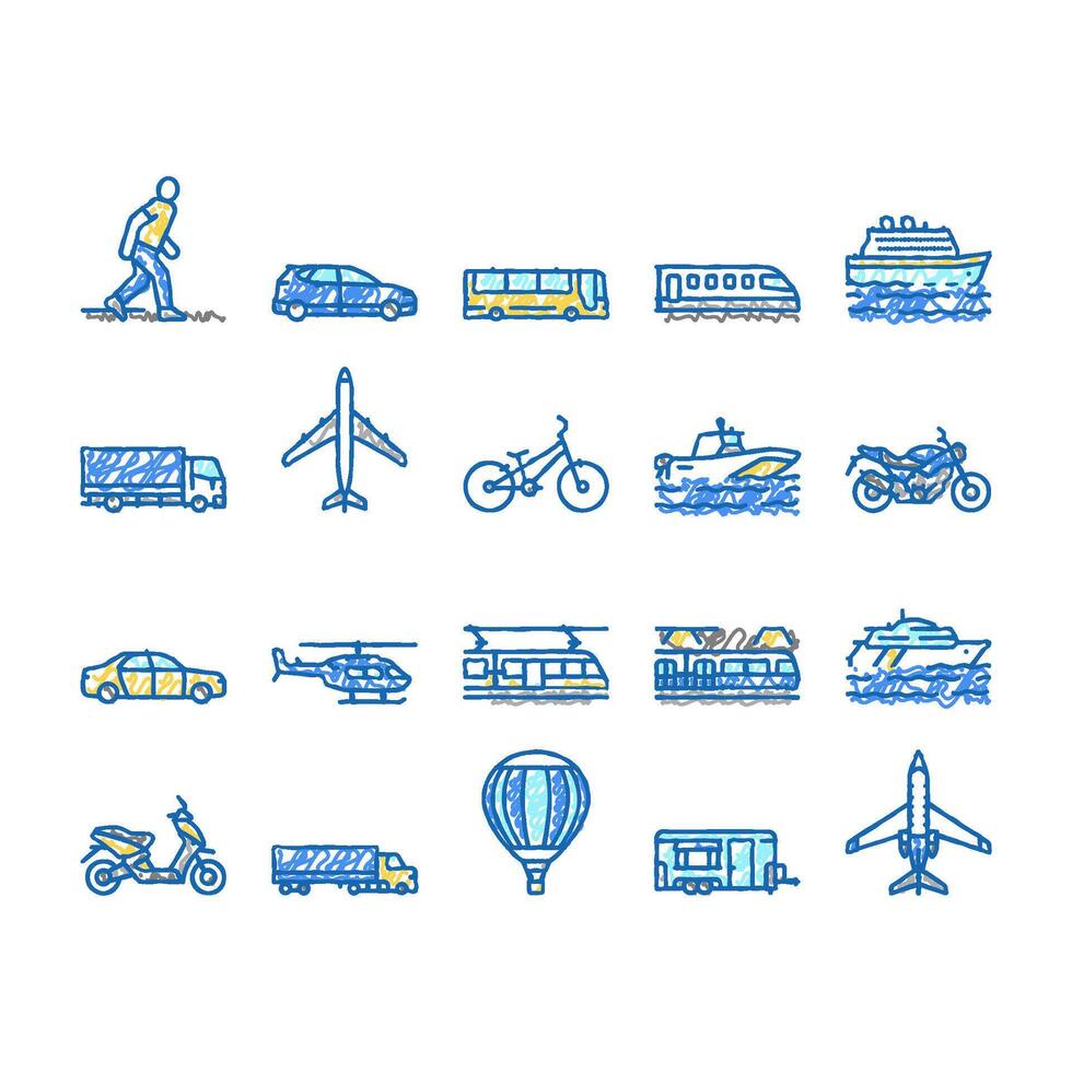 Transport For Riding And Flying Icons hand drawn vector