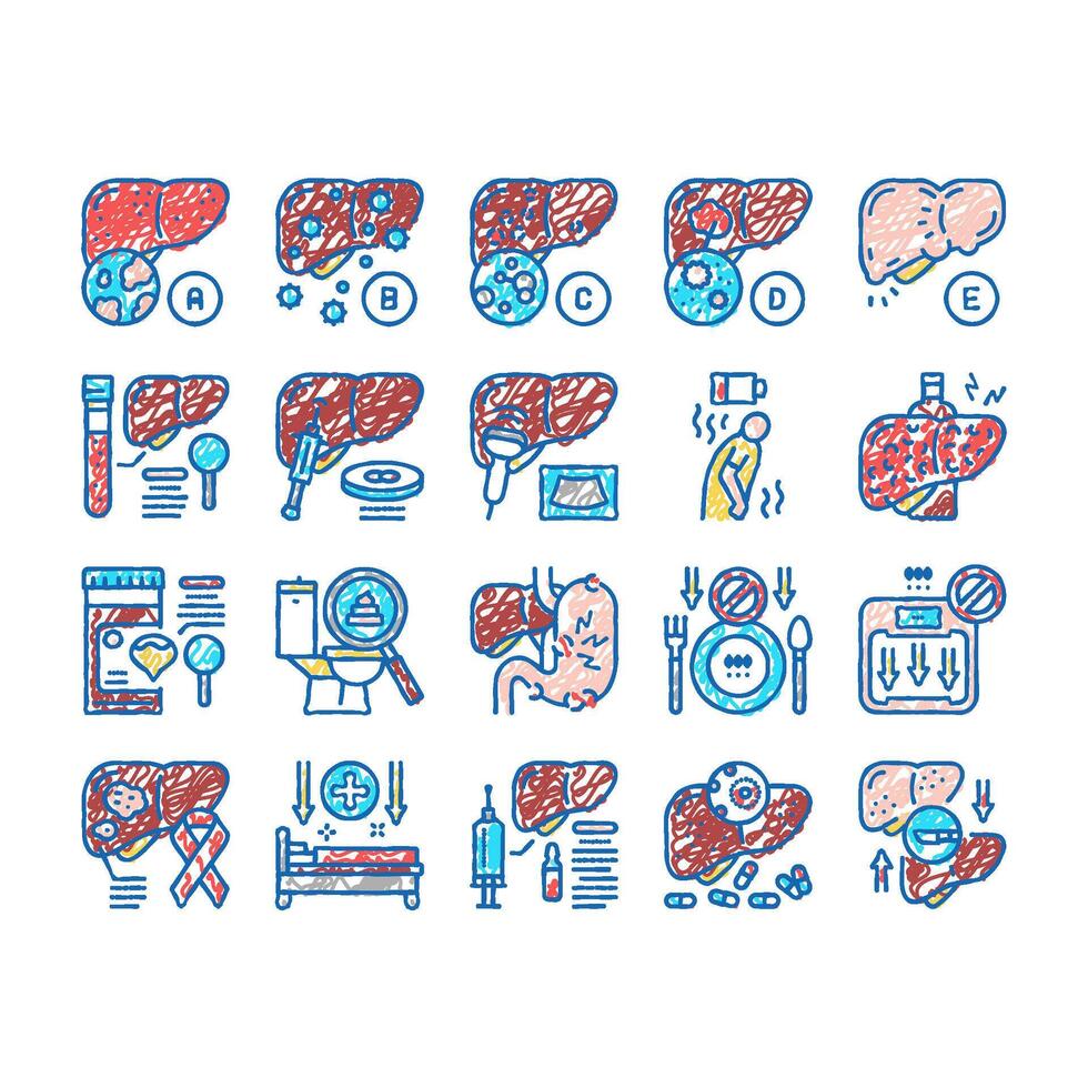 Hepatitis Liver Health Problem Icons hand drawn vector