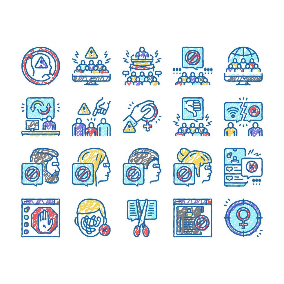 Cancel Culture And Discrimination Icons hand drawn vector
