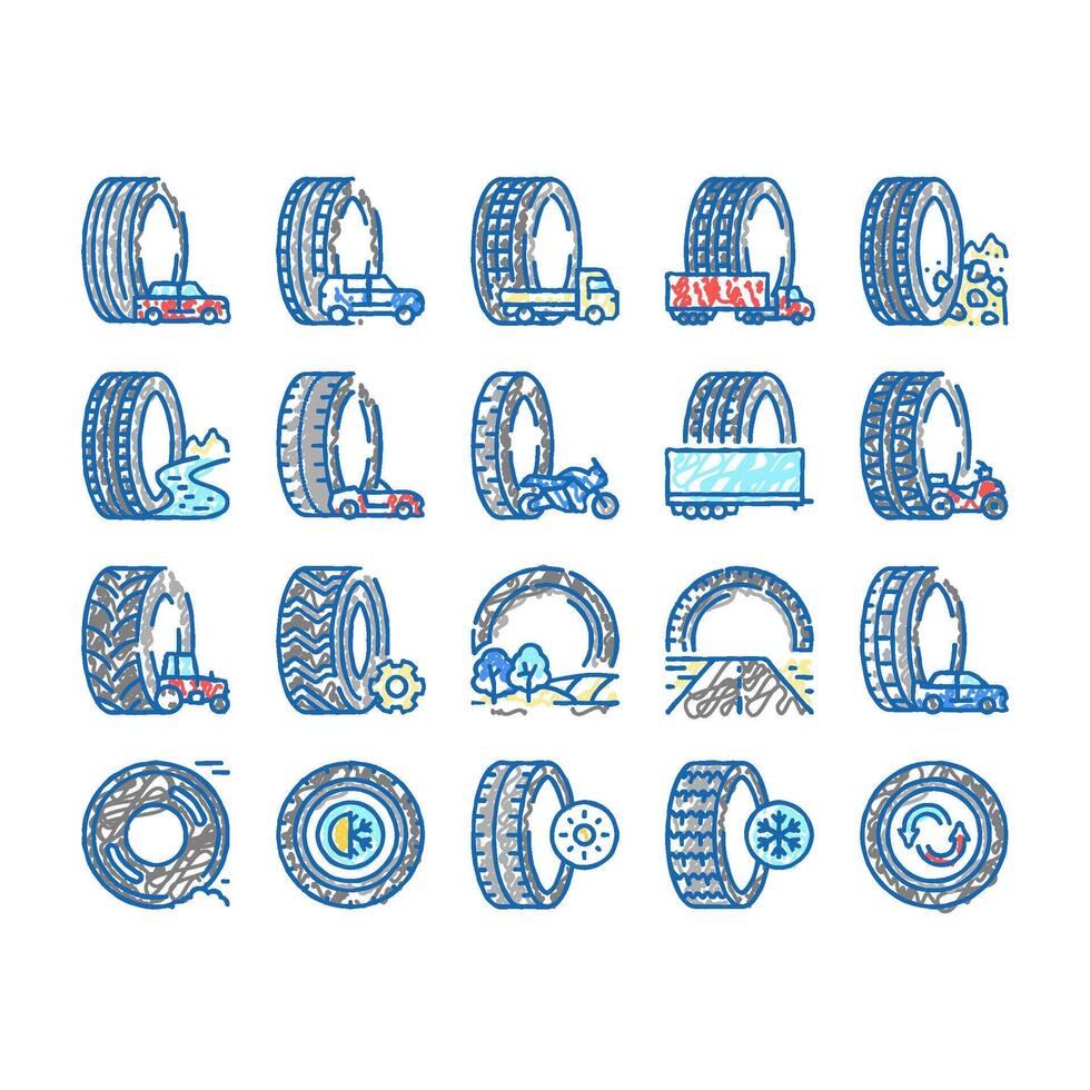 Used Tire Sale Shop Business Icons hand drawn vector