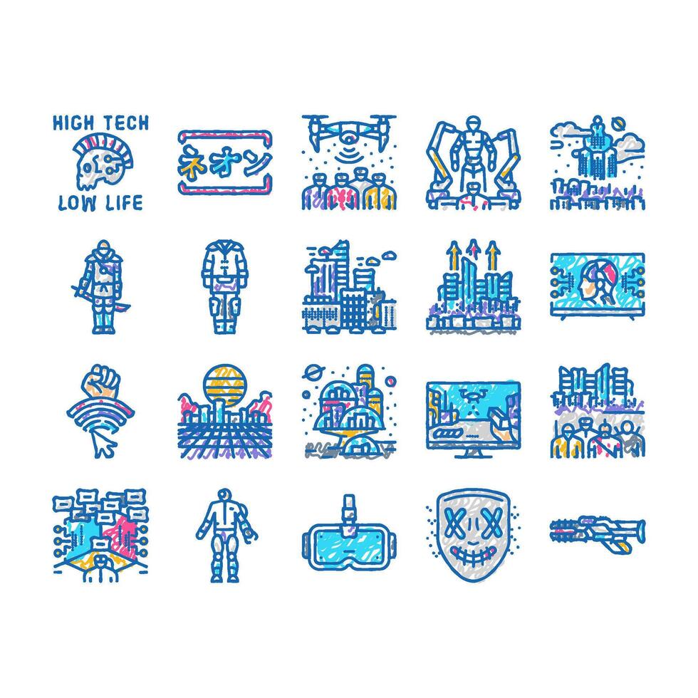 cyberpunk digital city future icons hand drawn vector